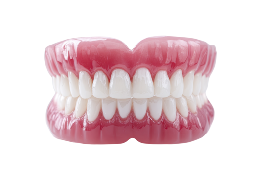 Close-up of a full set of upper and lower dentures, showing even, white teeth set within a pink gumline