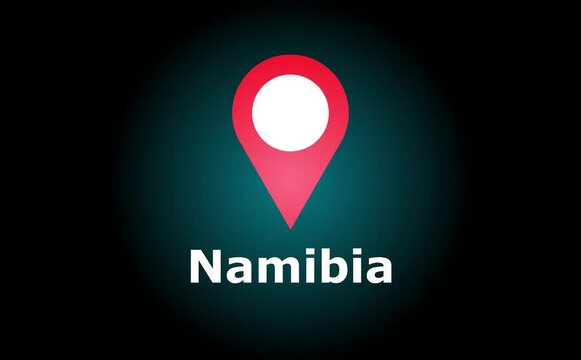 Red location pin with white circle on dark background above the word namibia in white letters