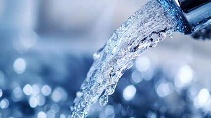 Water flowing from a faucet into a blue tub.