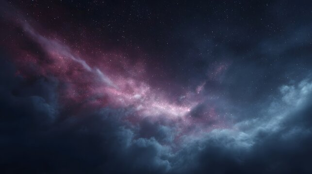 A vibrant pink and purple nebula glows amidst dark clouds and countless stars in the infinite expanse of deep space