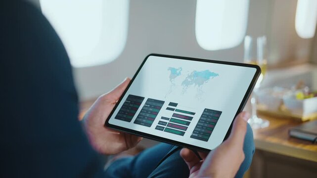 Unrecognized businessman analyzing financial market data and investment charts on a digital tablet computer while traveling in a luxury private jet, working during his business trip