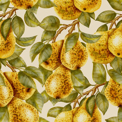 Hand drawn watercolor illustration, pattern with branches and yellow pears