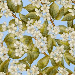 Hand drawn watercolor illustration, pattern with pear branches and flowers