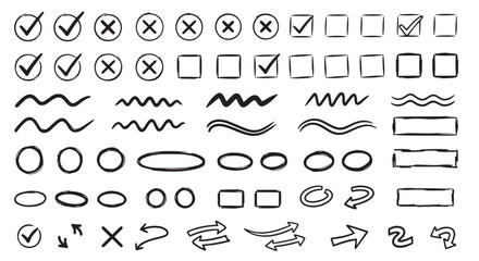 Super set hand drawn check mark with different circle arrows and underlines. Doodle v checklist marks icon set. Vector illustration