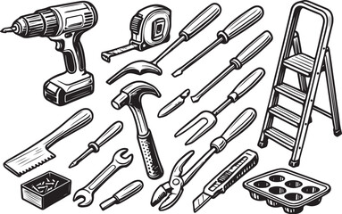 household DIY tools, black and white vector illustration, 34 perspective, SVG ready.eps