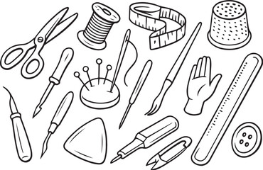 sewing items black and white vector illustration, angled flatlay, SVG ready eps