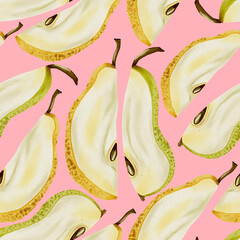 Hand drawn watercolor illustration, pattern with pear fragments