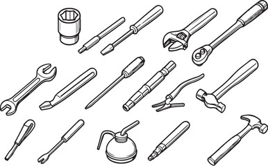 mechanic tools black and white vector illustration, top-down angled view, SVG ready.eps
