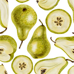 Hand drawn watercolor illustration, pattern with whole or cut pears