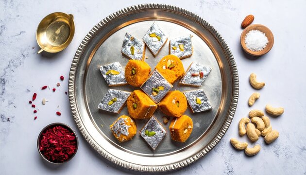 Delicious Bangladeshi Malai Chomchom Oblong Milk Sweets Garnished With Nuts Arranged On A Silver Tray With A Light Background