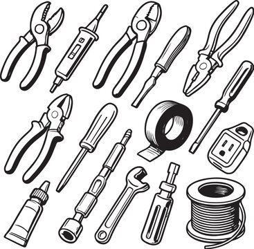 electrician tools black and white vector illustration, angled view, SVG ready.eps