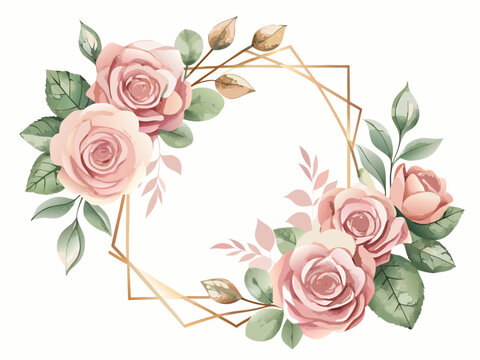 Vector illustration of elegant flower frame with soft pink roses and leaves, featuring a metallic rose gold border for wedding invitation template