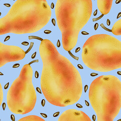 Hand drawn watercolor illustration, pattern with yellow pears