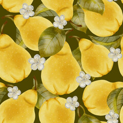 Hand drawn watercolor illustration, pattern with pears and flowers