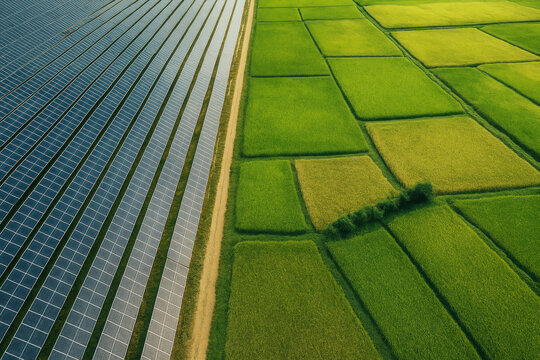 Solar panel array beside lush rice field patterns sunrise showing sustainable energy and agricultural contrast vivid green and blue tones, peaceful rural landscape with repeating geometric lines