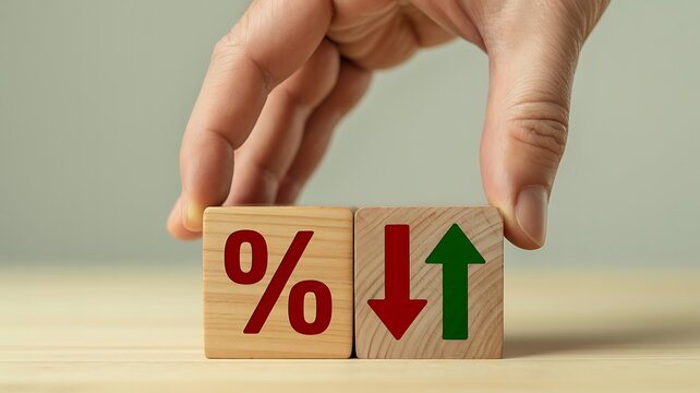 Hand adjusting wooden blocks showing percentage and up/down arrow - Powered by Adobe