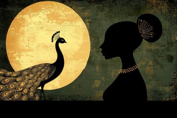 Silhouette of a woman and a peacock against a large yellow moon in an artistic design