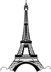 Fototapeta premium Eiffel Tower silhouette vector—Paris landmark with cloud base, black architectural sketch for travel, romance, and cultural themes