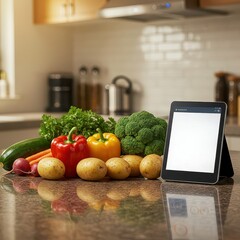Assorted fresh vegetables including potatoes, peppers, broccoli, and herbs arranged beside a tablet on a kitchen counter for cooking prep.
