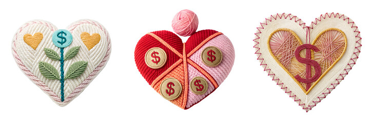 Set of A Modern Knitted Heart with Love Finance Concept isolated on a transparent background