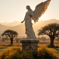 Fototapeta premium A photograph in the style of golden hour photography captures a breathtaking scene: a colossal, winged statue of a woman, draped in flowing, ivory robes, stands proudly upon a weathered stone pedestal