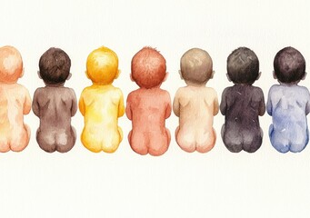 Obraz premium Seven Cute Watercolor Babies in Diverse Skin Tones from Behind