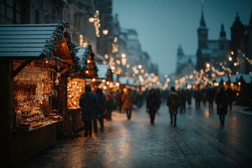 Fototapeta premium Snowy Christmas Market Evening with Festive Lights and People Walking