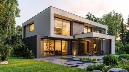 A modern, minimalist house with large glass windows and a green lawn in front.