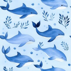 Fototapeta premium Colorful Patterns of Whales Swimming in Blue Ocean Background