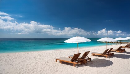 Obraz premium relaxing beach scene with sun loungers and umbrellas under a blue sky