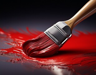 paintbrush dipped vibrant red paint creates striking visual symbolizing strong emotions like anger and passion smooth texture of paint contrasts with brush bristles enhancing artistic