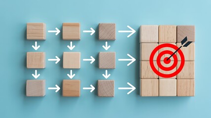 Process flow blocks leading to a target with arrow hitting bullseye