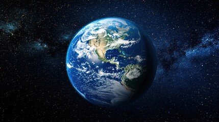 Fototapeta premium The Earth, a blue planet with green continents and white clouds against a starry night sky.