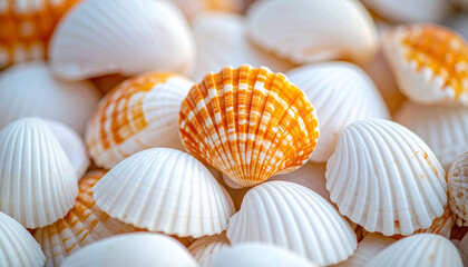 Small white ribbed seashells, orange patterns on shells, summer beach, natural ocean treasure
