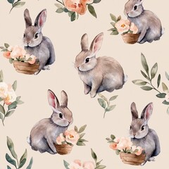 Obraz premium Cute Watercolor Rabbits with Floral Arrangements Pattern Design