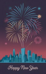 Fototapeta premium Vector illustration of a festive cityscape celebrating New Year's Eve with a vibrant fireworks display at night