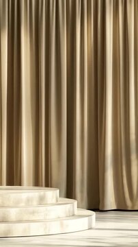 Stage with tan curtains and steps toward the light. Ideal for theatrical event promotion, drama education materials, and stage performance concepts.