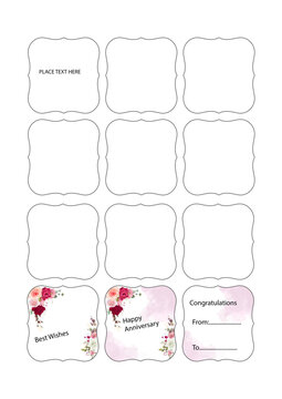 Printable floral gift tags set with greetings in English &ndash; Best Wishes, Happy Anniversary, Congratulations labels 