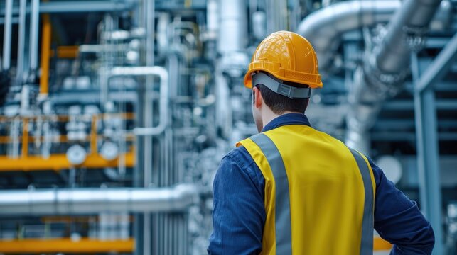 A man in a yellow hard hat and reflective vest, standing in front of a complex industrial plant with metal pipes and machinery.