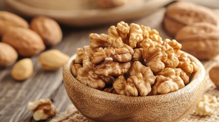 Fototapeta premium A bowl of walnuts on a wooden table with scattered walnuts in the background.