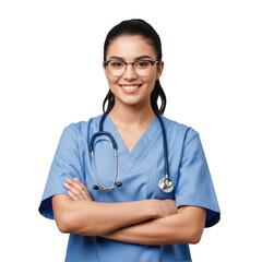 Fototapeta premium Smiling female medical professional wearing blue scrubs and glasses with a stethoscope around her neck isolated on transparent background