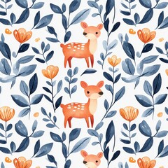 Charming watercolor pattern featuring deer and floral elements
