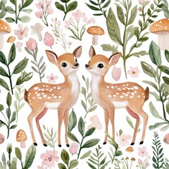 Sweet Deer Amidst Flowers and Foliage in a Soft Watercolor Style