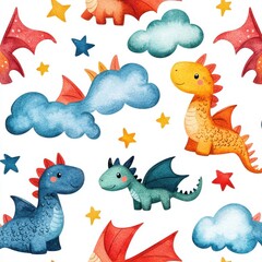 Colorful Hand-Drawn Fantasy Creatures with Clouds and Stars Design