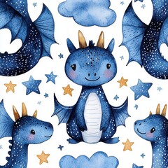 Cute Blue Dragon Characters with Stars and Clouds in Soft Colors