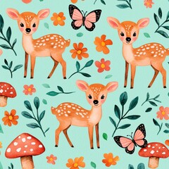 Cute Fawns, Butterflies, Mushrooms and Flowers in Illustration Design