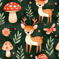 Whimsical Forest Pattern with Cute Deer, Mushrooms, and Flowers