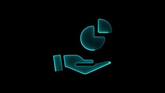 neon light glowing icon hand pie chart. Object isolated in PNG format with alpha transparency channel background. Abstract neon hand pie-chart icon animation isolated on black background.