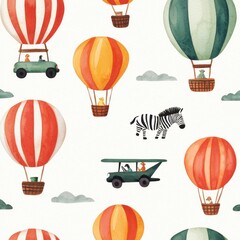 Colorful Hot Air Balloons and Safari with Animals and Vehicles Pattern