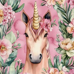 Enchanting Unicorn Surrounded by Floral Paradise and Tropical Leaves